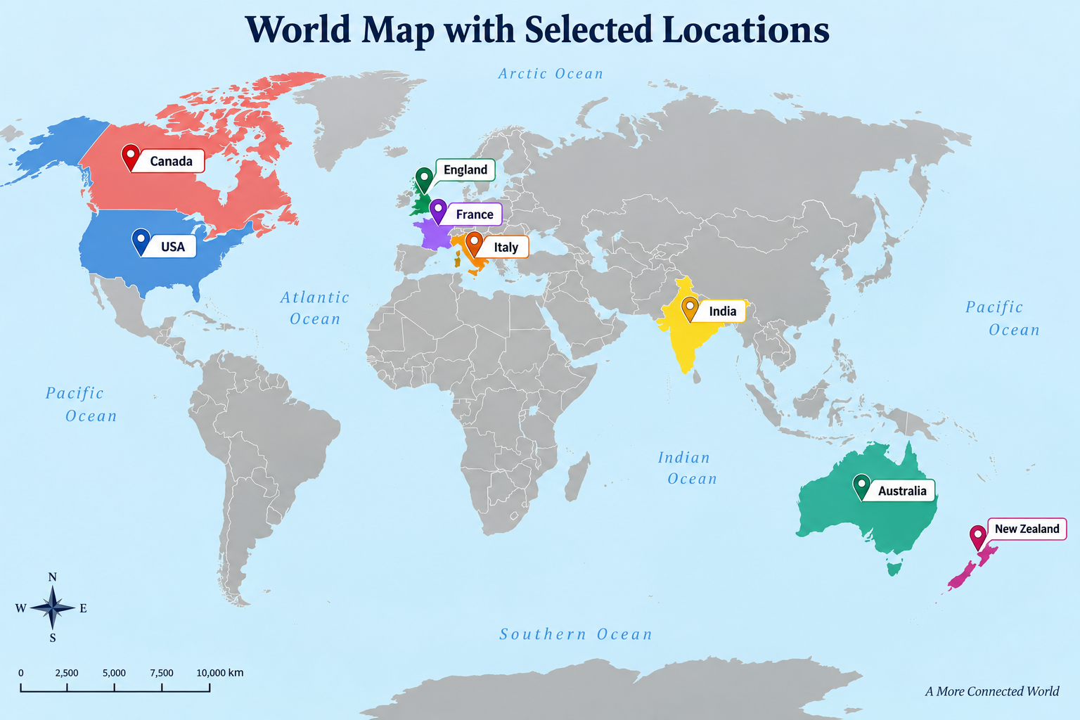 World map showing Brassett family connections